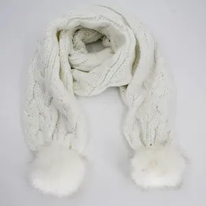 China wholesale websites ladies women scarves acrylic winter scarf with fox fur fuzz ball