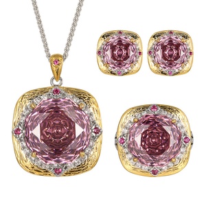 Vintage Eco-friendly Copper Bridal Set Jewelry Wedding 18-14mm Dried Rose Cubic Zirconia Gold Plated Pendant <b>Earrings</b> Set - Product Image 1