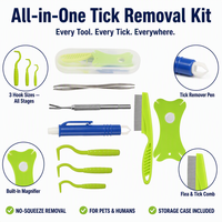 Kit de suppression des tiques tout-en-un avec étui de rangement, loupe, peigne à puces, crochets, stylo, pinces pour animaux de compagnie et humains, pour l'extérieur