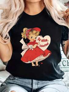 T-shirt da donna per San Valentino con stampa di cuori a cartoni animati, manica corta, girocollo, vestibilità ampia, casual, moda primaverile, 100% cotone - Product Image 3