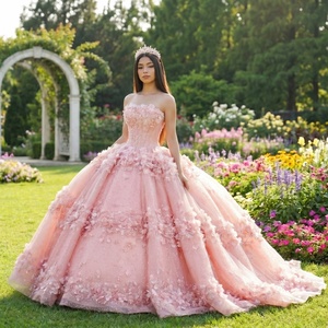Dy8504 Impresionante Vestido de Gala con Apliques Florales 3D Color Durazno, Vestido de Fiesta Vintage Brillante de Chifón sin Tirantes con Corsé, Vestido de Quinceañera - Product Image 1