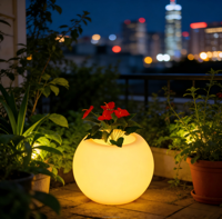 Lampu Taman LED Tenaga Surya Bulat untuk Dalam & Luar Ruangan, Pot Bunga Plastik Dekoratif untuk Patio, Halaman, dan Tanaman Lantai