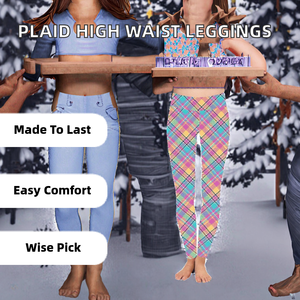 Leggings de sport pour femme à taille haute, respirants, antibactériens, à carreaux écossais, double brossage, avec coutures et poches, personnalisables avec logo imprimé - Product Image 2