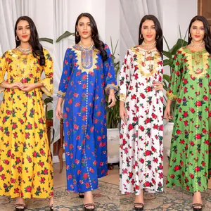 Wholesale Middle East Women's Islamic Clothing Abaya Dubai Round Neck Long Sleeve Muslim Dresses Lady Floral Dress for Women