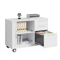 Armoire à dossiers A4 moderne en bois avec trois tiroirs mobiles, hauteur réglable, porte à volet roulant bas, mécanisme à pousser pour le bureau