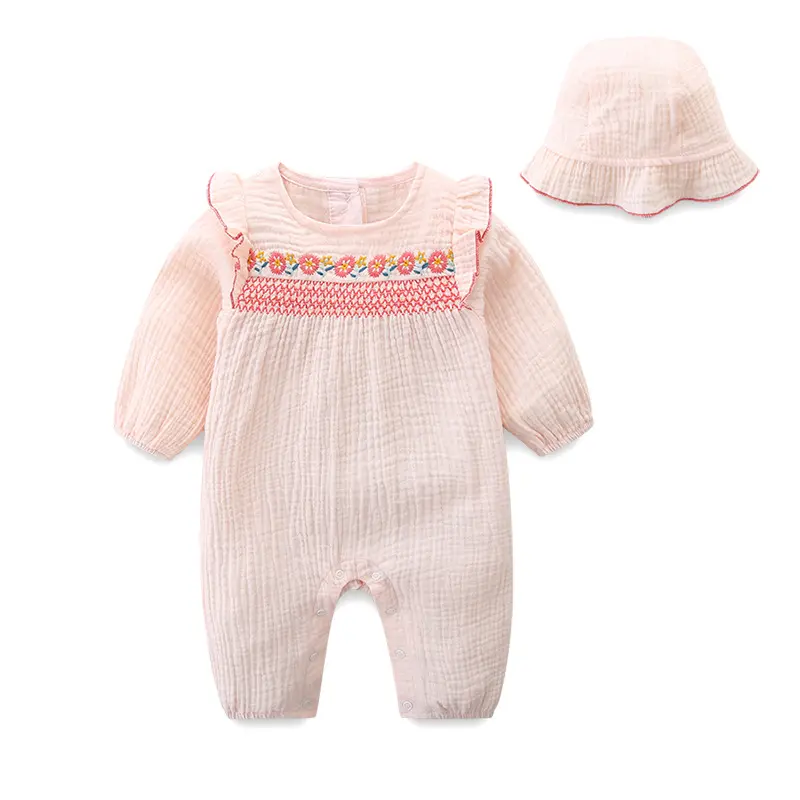 Бутик детской одежды 100% хлопок Осенняя Одежда для новорожденных младенцев с длинным рукавом для маленьких девочек муслиновый комбинезон с шапочкой