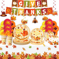 Ensemble de fournitures pour fête de Thanksgiving, vaisselle de récolte d'automne avec assiettes en papier, gobelets, serviettes, nappe, bannière, ballons, décorations de gâteau