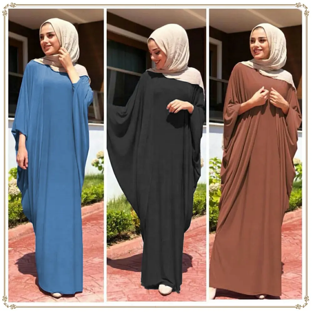 Vestido Abaya de Dubái para rezar para mujer musulmana, Túnica holgada de manga larga con cuello redondo de murciélago, Color sólido, ropa islámica modesta, novedad de 2021