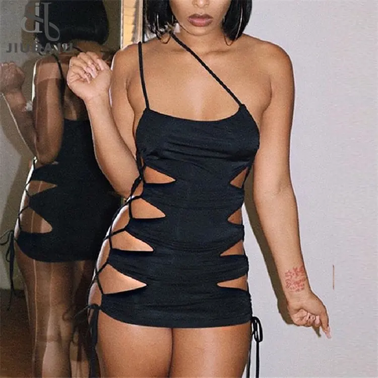 Mini elbise kesip kadınlar seksi bir omuz yan bandaj etek sıcak bölünme İpli Bodycon parti Clubwear