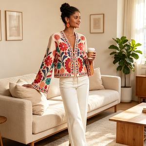Blusa de Mujer con Mangas Kimono Bordadas con Flores, Cuello en V, Estilo Bohemio, Holgada, de Manga Larga para Primavera/Verano - Product Image 2