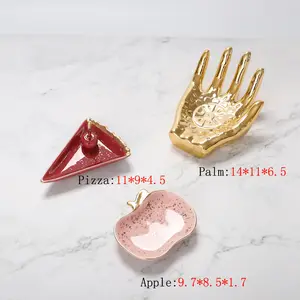 Hot Sale Hand Design Custom Logo Printed Apple Golden Edge Ceramic Ring Trinket Pizza Shape Dish Jewelry Tray