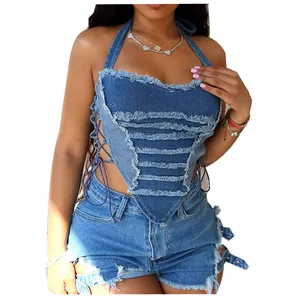 Customize Color Patchwork Denim Two Piece Top Women Side Lace up Sexy Tank Tops Denim Halter Top Raw Edge Vest