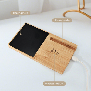 Support Chauffant à Café <span class=keywords><strong>2</strong></span> en 1 en Bambou avec Chargeur Sans Fil USB et Chauffe-Tasse Électrique et Support de Téléphone Portable avec Vidéo - Product Image 2