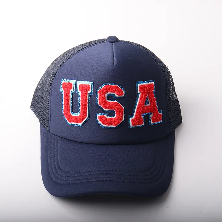 Bán Buôn USA Kho Trucker Hat Báo Chí Nhiệt Lưới Mũ Bóng Chày Với USA Chenille Vá Mặt Logo Cho Ngày Độc Lập