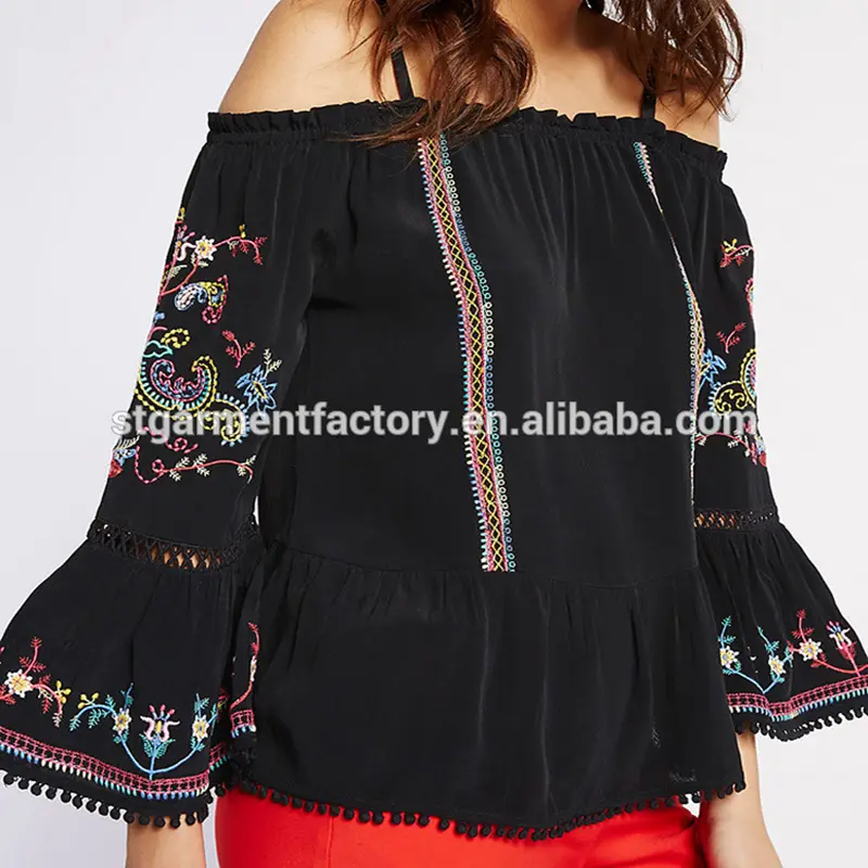 Mexico Embroidery Women Clothes Top Flare Sleeve Ladies Blouse Sexy Off-Shoulder Summer Shirt 2023 2023