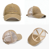 Gorra Trucker de Algodón Lavado al por Mayor con Malla Frontal y Trasera, Logotipo Bordado 3D Personalizado, Ajustable, Vintage, Transpirable, para Exteriores, Protección Solar