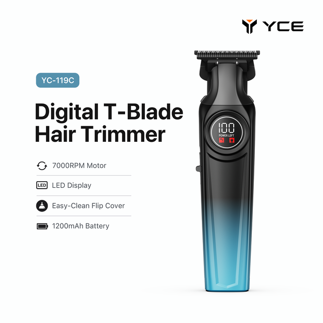YC-119C Professional Electric T-Blade Trimmer for Hairline Edging LED Display USB-C Charging 7000RPM Plastic Easy-Clean Flip