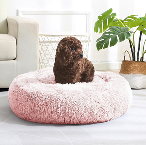 Proveedores de muestras gratis Deluxe super suave donut cama para perro rosa largo felpa redondo esponjoso gato mascota nido perrera refugio cama para cachorro - Product Image 1