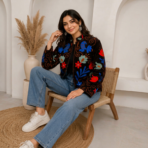 Chaqueta de punto artesanal de terciopelo marrón transpirable para mujer, bordada a mano, estilo bomber, manga larga, cuello alto, forro de algodón, para invierno - Product Image 1