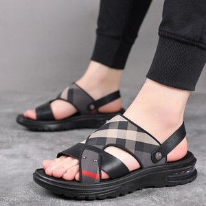 New <b>Summer</b> Men Genuine Leather Sandals Plaid Design Air Cushion Thick Sole Non Slip Wear Resistant Outdoor Beach Casual Shoes - Product Image 5