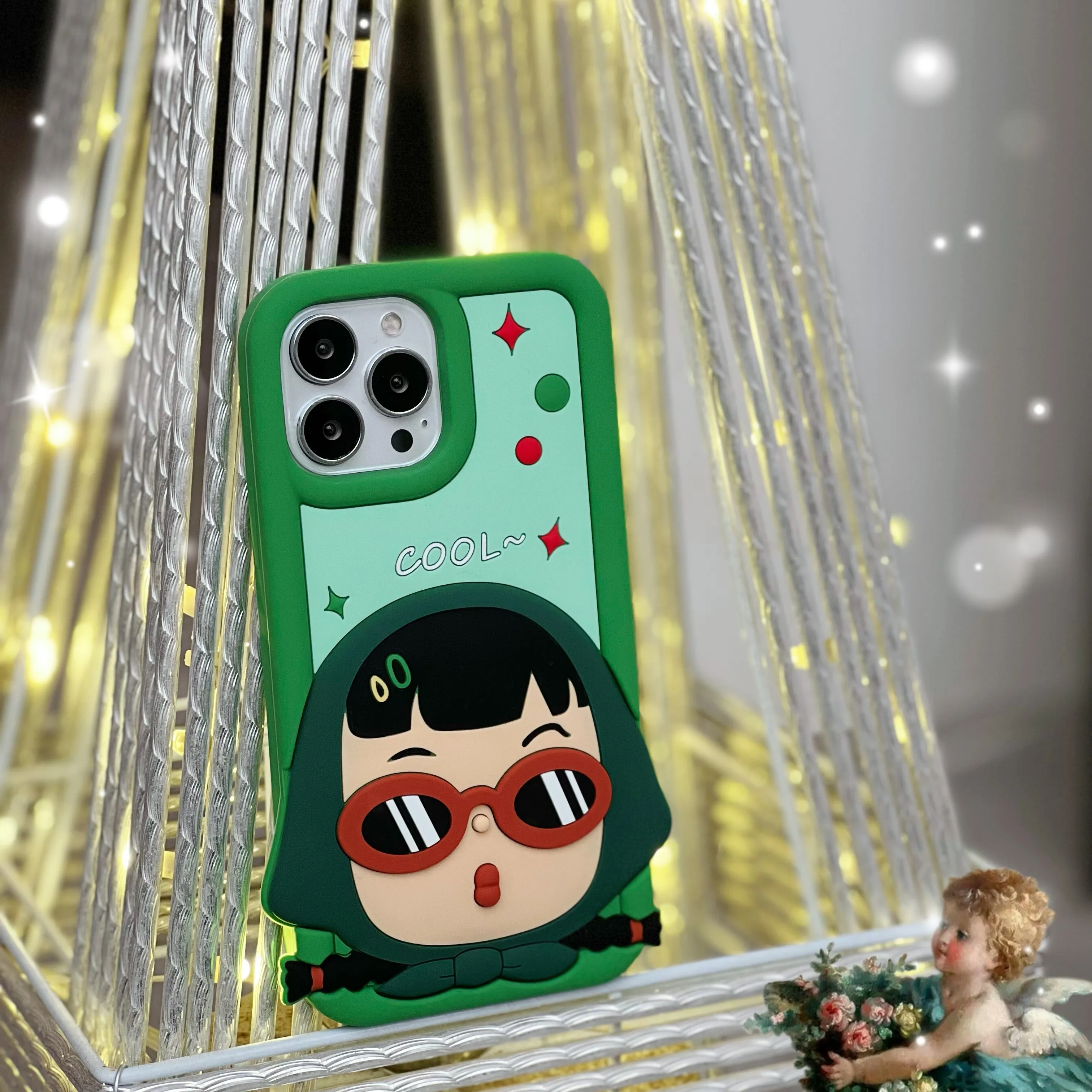 Silicona COOL verde bufanda gafas de sol chica para iPhone 15 pro Max teléfono móvil Shell nuevo sentido avanzado todo incluido