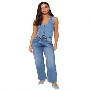 Blue Denim Corset Vest Regular Fit V-Neck Sleeveless <b>Top</b> with Eco-Friendly 240g Fabric Breathable & Quick Dry Vintage Summer - Product Image 5