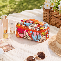 Sac de maquillage en nylon à imprimé floral, grande capacité, trousse de toilette de voyage, double couche, organisateur multi-compartiments avec poignée et fermeture éclair