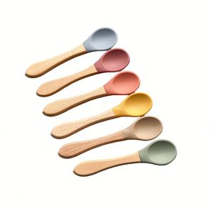 Food Grade Silicone Baby Spoon Fork Set BPA Free Wooden Handle <b>Toddler</b> Kids Mealtime Cutlery Children Dining Tableware Utensils - Product Image 1