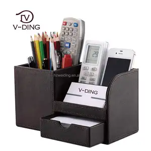 PU Leather Desktop Multifunction Storage Box Customized Logo Rectangle Pen Holder Leather with Led Light Pen Holders for Office