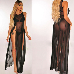 Baju tidur wanita seksi, baju Lingerie Halter panjang jala tipis - Product Image 1