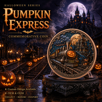 Pièce de monnaie commémorative Halloween 3D en relief de 1 once en cuivre fin .999, motif Pumpkin Express, souvenir train à vapeur, pièce de défi, cadeau de collection