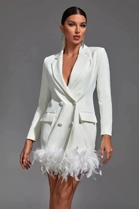 Vestido Blazer Corto con Plumas Blancas de Diseño de Moda de Londres, Vestido Casual para Mujer para Ocasiones Formales, Oficina y Trabajo con Bolsillos - Product Image 2
