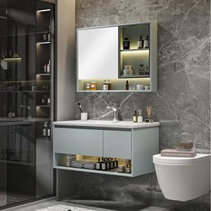 Meuble-lavabo à haute brillance avec évier simple et éclairage LED, étagères ouvertes à surface facile à nettoyer pour dortoir étudiant, <span class=keywords><strong>chambre</strong></span> d'hôtel - Product Image 2