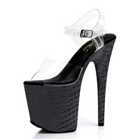 Chaussures de pole dance sexy à plateforme motif serpent de 20 cm, avec empeigne transparente, bout ouvert, bride cheville et talon fin de 8 pouces, pour boîte de nuit et défilé