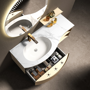 Mueble <span class=keywords><strong>de</strong></span> Baño Moderno <span class=keywords><strong>de</strong></span> Lujo con Estructura <span class=keywords><strong>de</strong></span> Aluminio en Forma <span class=keywords><strong>de</strong></span> Panal, <span class=keywords><strong>Encimera</strong></span> <span class=keywords><strong>de</strong></span> Mármol, Espejo LED Inteligente, Lavabo y Fregadero para Villa - Product Image 2