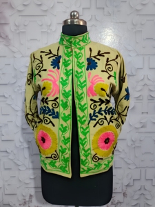 Chaqueta Bohemia Tradicional Acolchada, Bordada con Flores Multicolores, Hecha a Mano, de Lona de Algodón, Abierta por Delante, Transpirable - Product Image 3