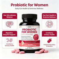 Comprimés Probiotiques Personnalisés Service OEM ODM pour la Santé Intestinale Féminine, Canneberge, Prébiotique, Enzymes Digestives, Soutien Immunitaire Naturel