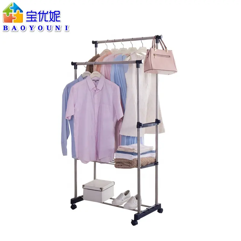 BAOYOUNI 2 Tier Double Adjustable Movable Clothes Hanging Pole Stainless Steel Garment Drying Dress Shoe Stand rack