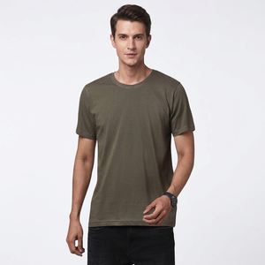 T-shirt à manches courtes pour homme, vert olive, col rond, coupe classique, jersey en coton, couleur unie, haut décontracté - Product Image 1
