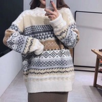 빈티지 스웨터 여성 풀오버 겨울 스트라이프 점퍼 한국 스타일 느슨한 니트웨어 캐주얼 느슨한 스웨터 풀 스웨터