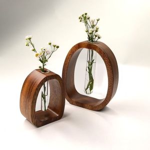 Jarrón de Madera de Nogal con Forma Geométrica y Tubo de Vidrio, Decoración Moderna para Interiores, Adorno para Mesa de Sala - Product Image 2