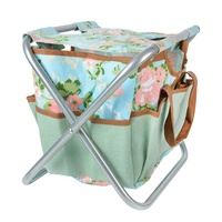 Esschert Design Tabouret pliable en toile de jute imprimé rose Tabouret de jardin pliable avec sac à outils