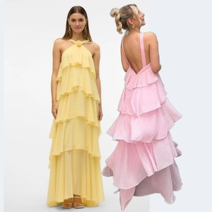 Spaghetti Strap Romantic Pink <strong>Cherry</strong> Tiestrap Ruffle Maxi <strong>Dress</strong> - Product Image 1