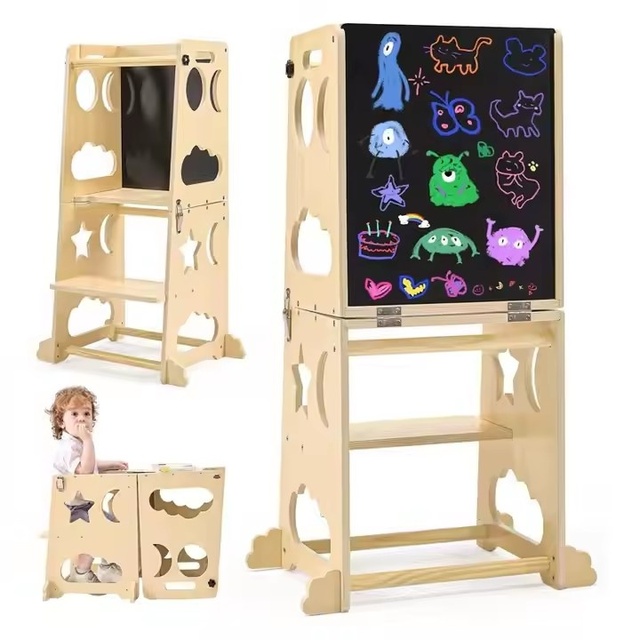 JQ Baby Learning Kids Wooden Table and Stools Climbing Bamboo Children'S 3 Toddler Tower Foldable Step Stool for Kids