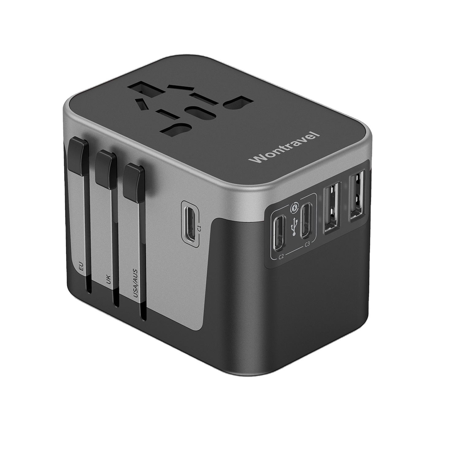 Wontravel Newest CE ROHS Type C Wall Fast Adapter EU AUS UK US Plug Universal International Travel Adapter with 2 USB 3 Type C