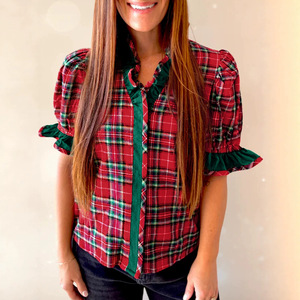 <strong>Women</strong> Christmas Red <strong>Tartan</strong> Plaid Ruffle Blouse V Neck Puff Short Sleeve Button Down Holiday Shirt Custom Logo Print - Product Image 1