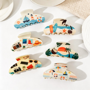 Pince à cheveux en acétate tendance pour l'été et les vacances à la plage, motif <span class=keywords><strong>phare</strong></span>, voilier et surf, taille moyenne, pour femme - Product Image 1
