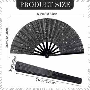 Éventail Pliant en Bambou Écologique 33 cm, Motif Artisanal Musical, Finition Pailletée Argent et Noir, avec Étui en Tissu Peint – Grande Vente - Product Image 6