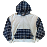 Hoodie Unisex Oversize French Terry Custom, Warna-warni dengan Patchwork Kotak-kotak, Resleting Depan untuk Pria
