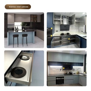 Armoires de <span class=keywords><strong>cuisine</strong></span> de luxe sur mesure en acier inoxydable <span class=keywords><strong>avec</strong></span> îlot central intégré et évier en acier inoxydable 304 massif, fabriquées en Chine - Product Image 3